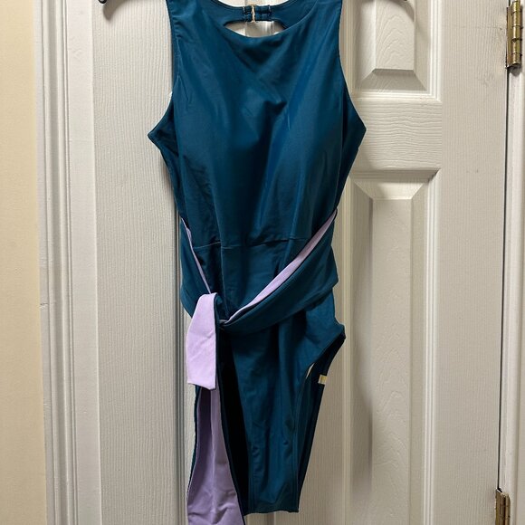 Summer Salt Swim THE COVE Belted One Piece Turquoise & Lavender USA 8 - Picture 1 of 10